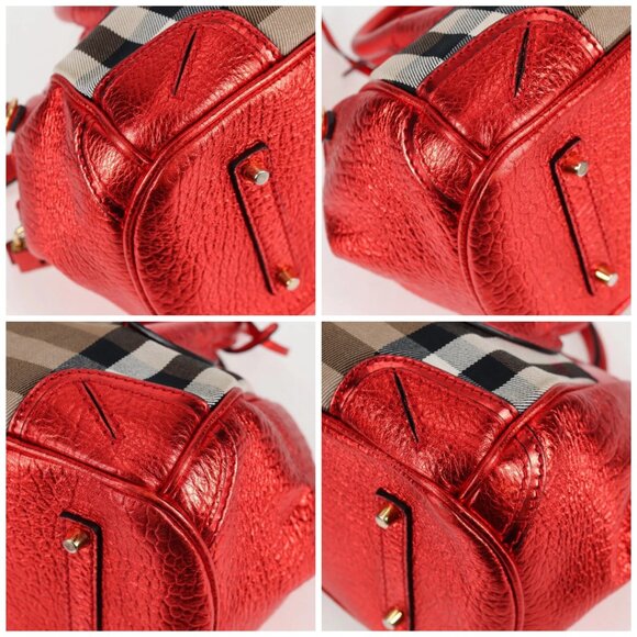BURBERRY Nova Check Hand Bag Canvas Leather 2way Red Gold Auth - Picture 16 of 16